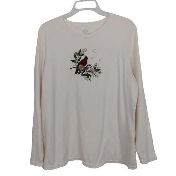 Ivory Beaded Embroidered Applique Red Cardinal Cotton Knit Top | Size 1X (16W) - Picture 2 of 7